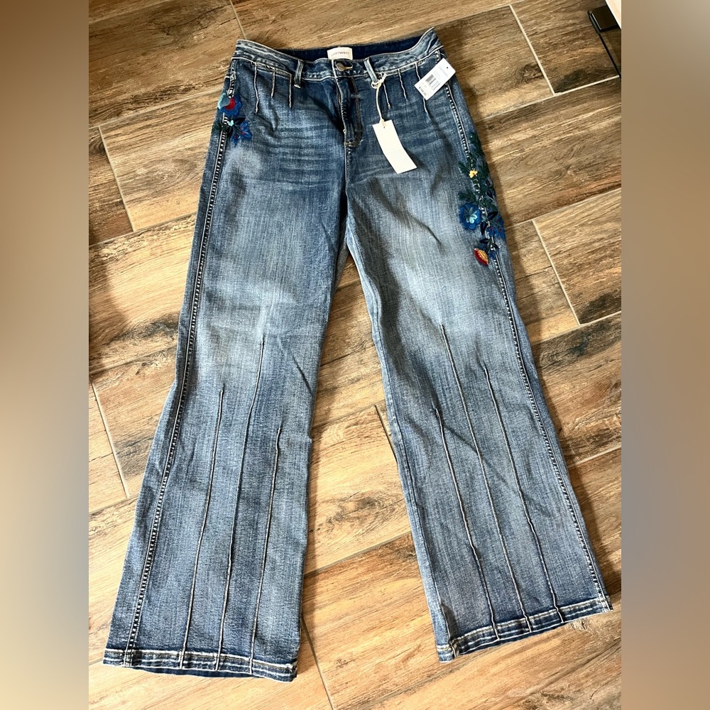 DRIFTWOOD Blue Flare Jeans with Floral Embroidery